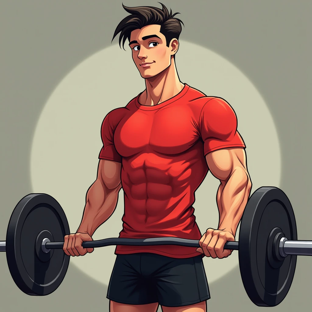 best quality, masterpiece, fill frame, zoomed out, full body, head to toe, cell shading cartoon art, poster of handsome young man, slim build, wearing plain red tshirt and black shorts, gentle smile while lifting a barbell, perfect fingers, perfect hands, perfect face, perfection, no background