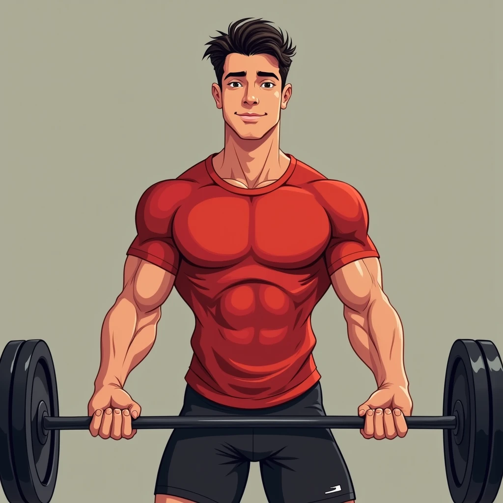 best quality, masterpiece, fill frame, zoomed out, full body, head to toe, cell shading cartoon art, poster of handsome young man, slim build, wearing plain red tshirt and black shorts, gentle smile while lifting a barbell, perfect fingers, perfect hands, perfect face, perfection, no background