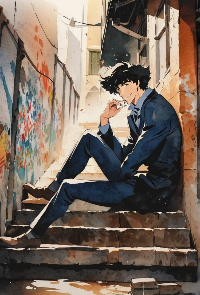 Anime-style Watercolor portrait of a man,A man sits on a steep staircase smoking a cigarette with his eyes closed.Men are Spike Spiegel,brown eyes, smile,black hair,1boy,Navy blue suit, brown leather shoes,The man holds the cigarette between his fingers and puts it in his mouth.Steep stairs with long rusty handrails,Right next to the stairs is the wall of an old building.There are many old posters and English graffiti on the walls.Full body portrait,Side view,Watercolor blur effect,Professional watercolor illustrations,