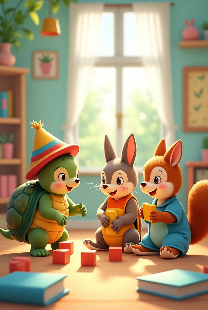 A little turtle, a hedgehog, a rabbit, a squirrel, Playing together in kindergarten for a children's book