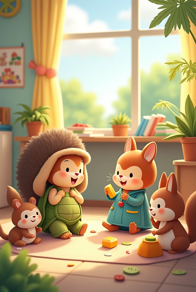 A little turtle, a hedgehog, a rabbit, a squirrel, Playing together in kindergarten for a children&#39;s book