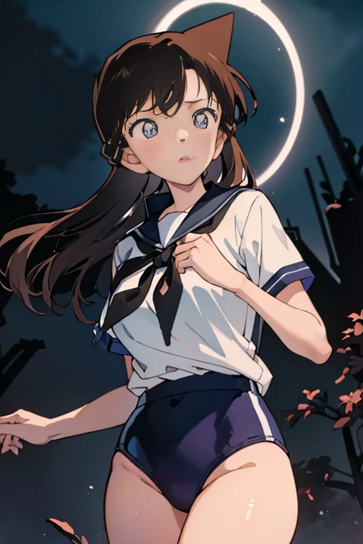 (masterpiece, highest quality),  (夜のdark森), One Girl, young teen, Black gymnastics bloomers, High leg、School Shirt, standing in night forest, Looking up at the forest、Anxious expression, Emotional, Wide-angle, dark, Best Shadow, watercolor,Mouri Ran