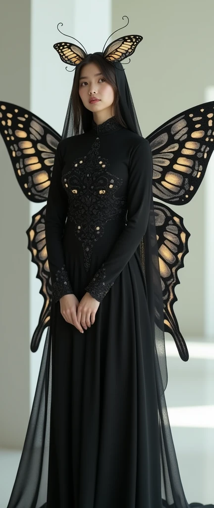 a most beautiful Asian muslimah woman named Cikgu Nurhafiza wears black beautiful erfly turtleneck unitard catsuit with a pair of beautiful butty wings.She has a pair of antennae