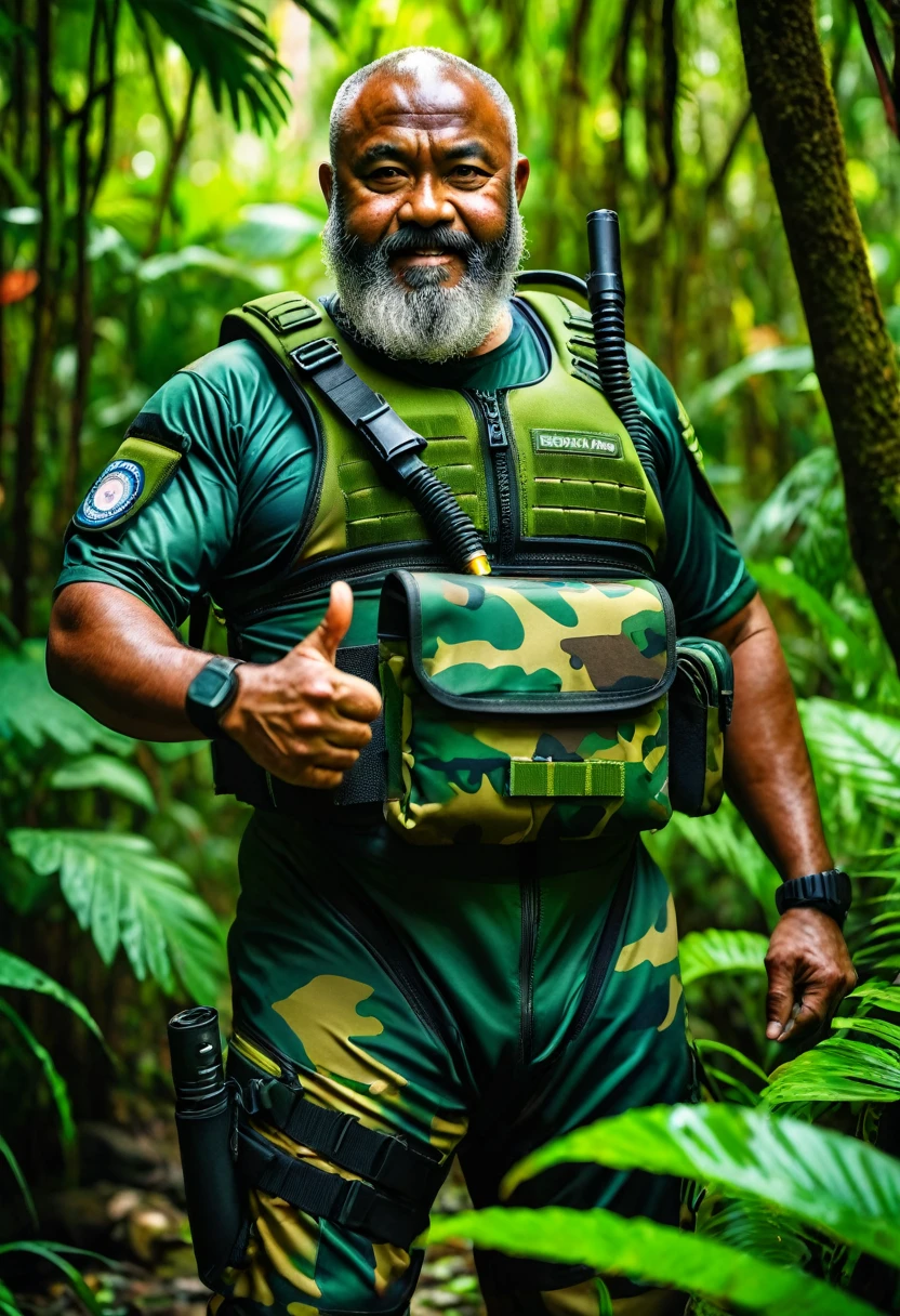 (a dark-skinned fat bearded old man in a bulky camouflage zipper diver suit), thumbs up, carrying a gun holster, muscular, imposing stature, Basuki Abdullah style, sumatraism, action, (a character portrait), heroic, fierce, snarling, vibrant colors, deep shadows, intense lighting, dramatic atmosphere, jungle background with verdant greenery, visual depth, lucid detail, ultra-detailed, ultra-realistic, professional, best quality.