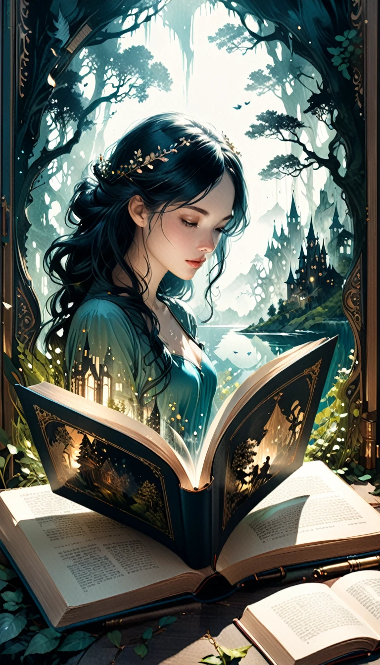 Hyperreal digital art style, "Fairytale", fantasy world coming out of centered book, open book, hyperdetailed double exposure fantasy illustration, masterpiece, cinematic, by Andreas Lie, Luke Gram, photorealism, backlit, gorgeous light