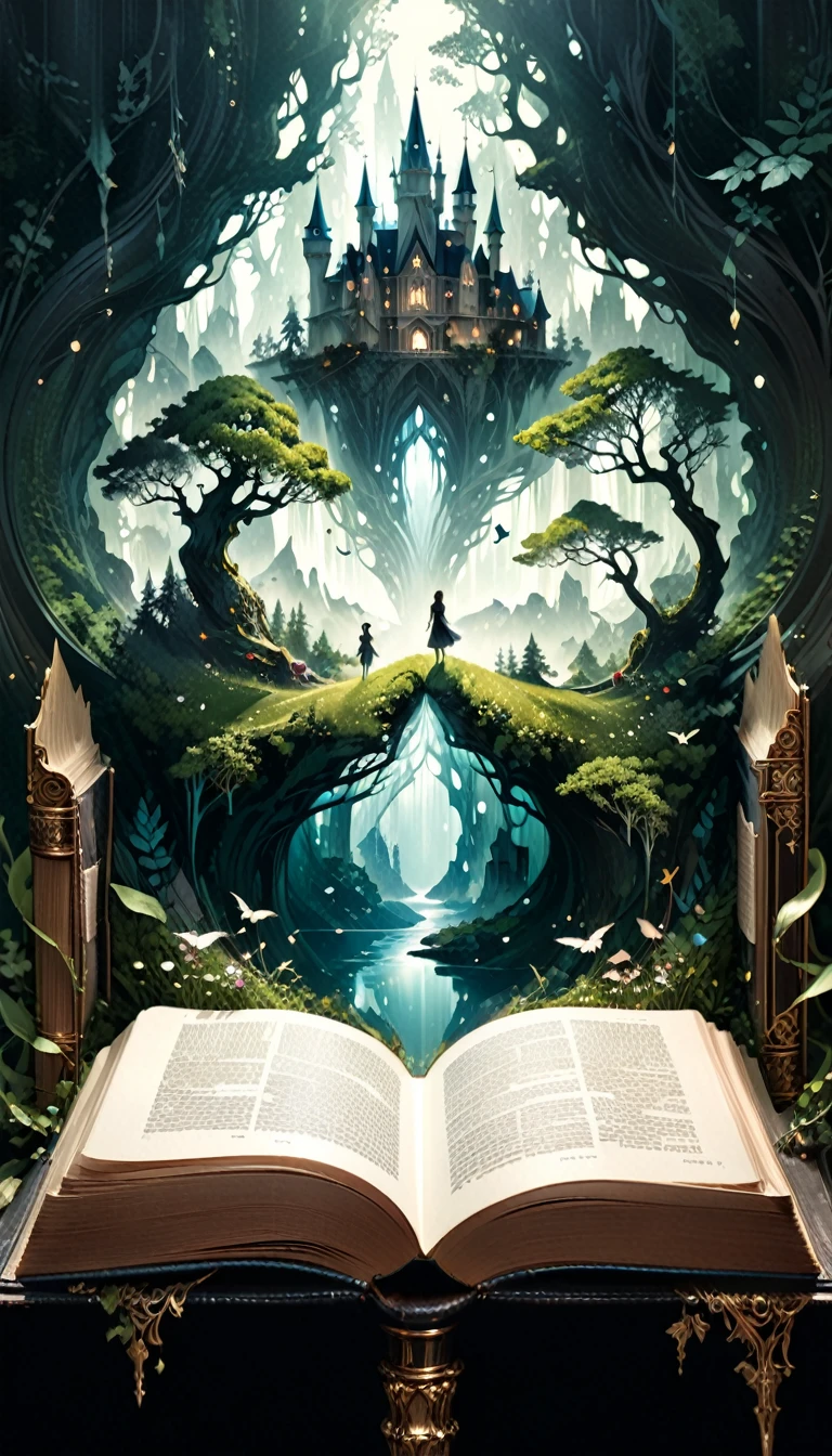 Hyperreal digital art style, "Fairytale", fantasy world coming out of centered book, open book, hyperdetailed double exposure fantasy illustration, masterpiece, cinematic, by Andreas Lie, Luke Gram, photorealism, backlit, gorgeous light