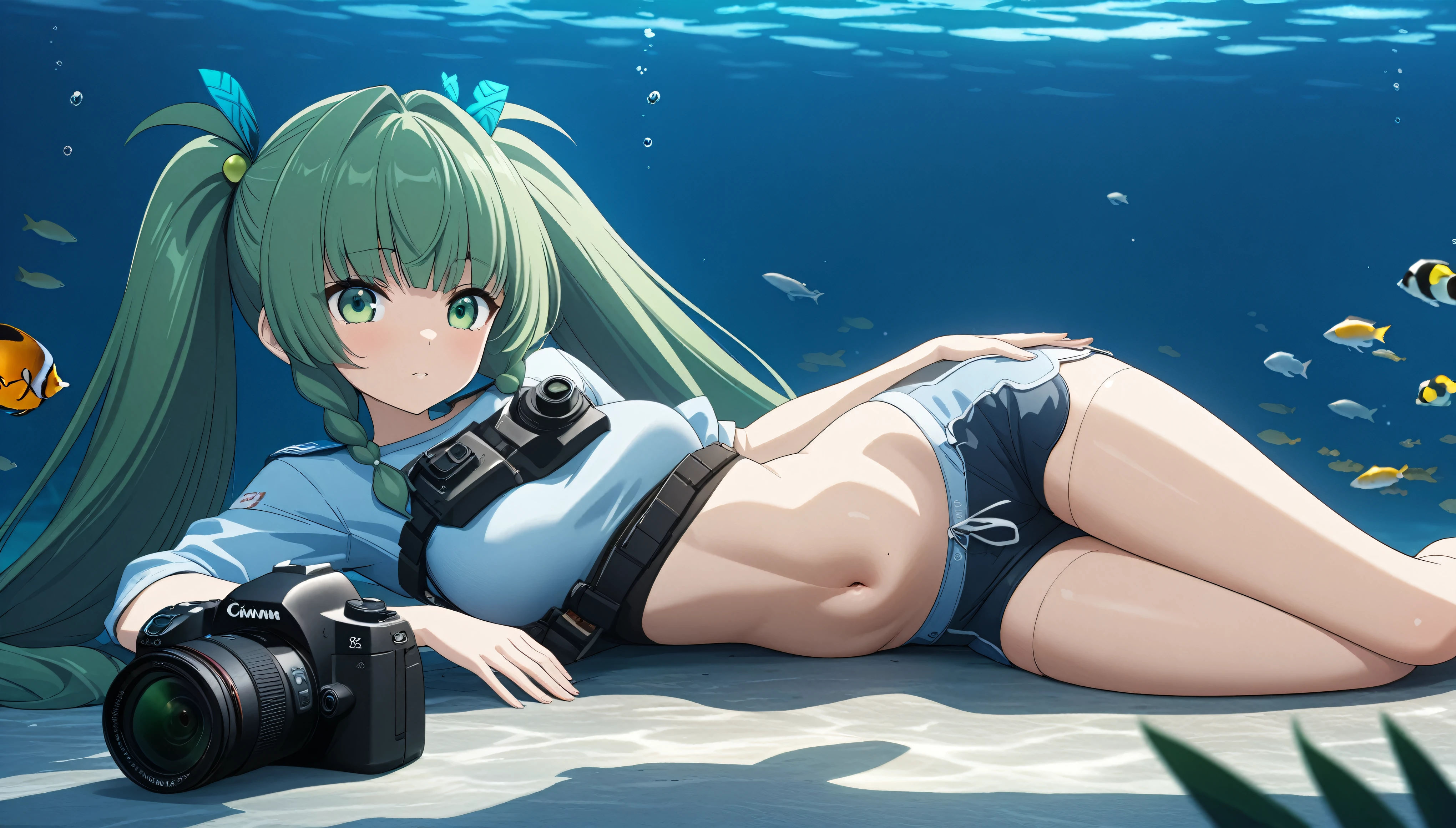 1 anime girl:1.3，masterpiece，high resolution，Anime Art，Anime Numbers， 4k anime wallpaper，Soft Light，Radiant Skin，Looking at the camera，Solitary，Lying on your side，Half of the camera is underwater，Green twin ponytails，Full and firm breasts，There are two red lines on the belly，(Green eyes: 1.3)，shorts，Tropical Fish