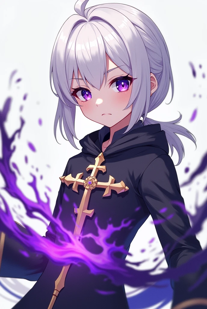 a high quality, perfect face, extremely detailed face, 1 person, anime stile, 2D, video game boss character, (white-haired purple-eyed young priest), androgynous, boots, no highlights, looking down at the viewer, sneering, low ponytail, manipulating liquid metal, luxurious effects, cross