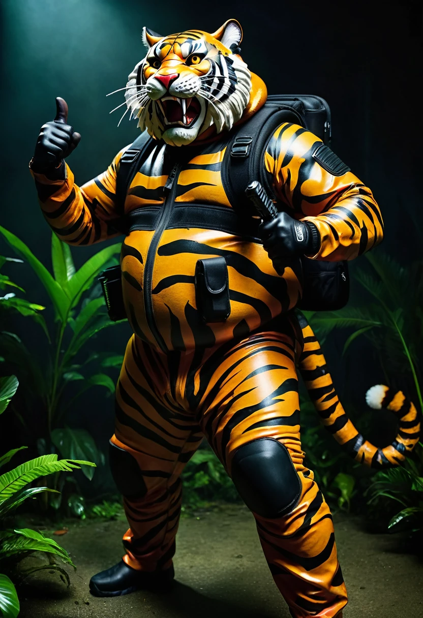 (a dark-skinned fat old man in a bulky camouflage zipper diver suit), wearing a realistic roaring (tiger mask), thumbs up, carrying a gun holster, muscular, imposing stature, Basuki Abdullah style, sumatraism, action, (a character portrait), heroic, fierce, snarling, vibrant colors, deep shadows, intense lighting, dramatic atmosphere, jungle background with verdant greenery, visual depth, lucid detail, ultra-detailed, ultra-realistic, professional, best quality.