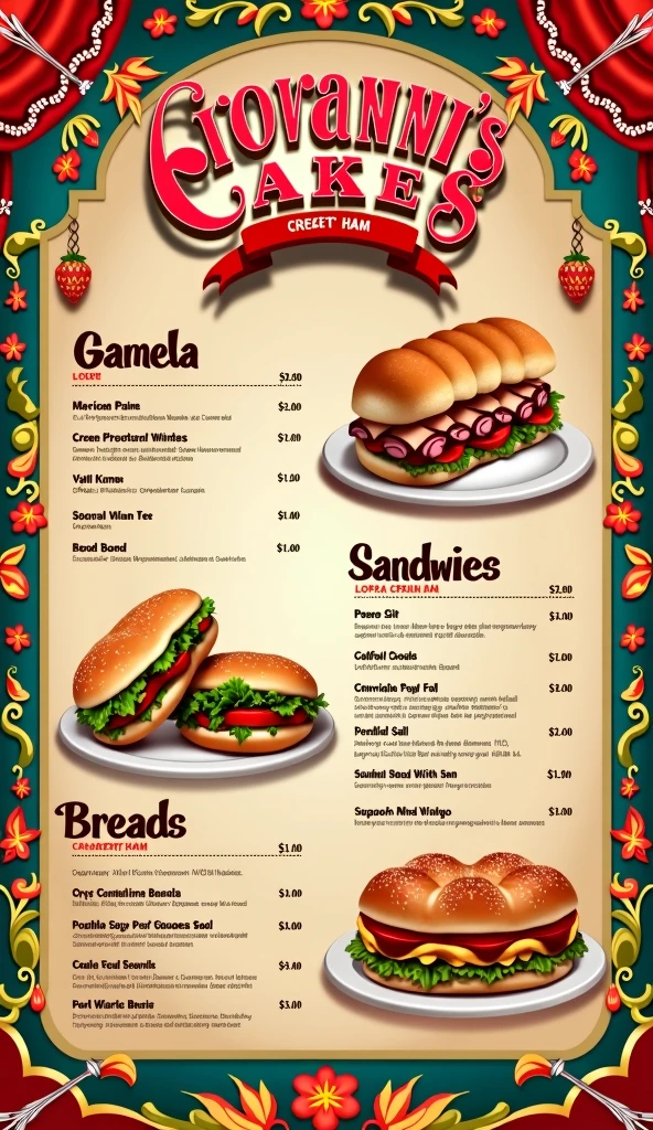 Design a page with a list of Mexican food, that its menu contains sandwiches and bread with ham, of Title says "Giovanni's Cakes" in letters at the top of the page