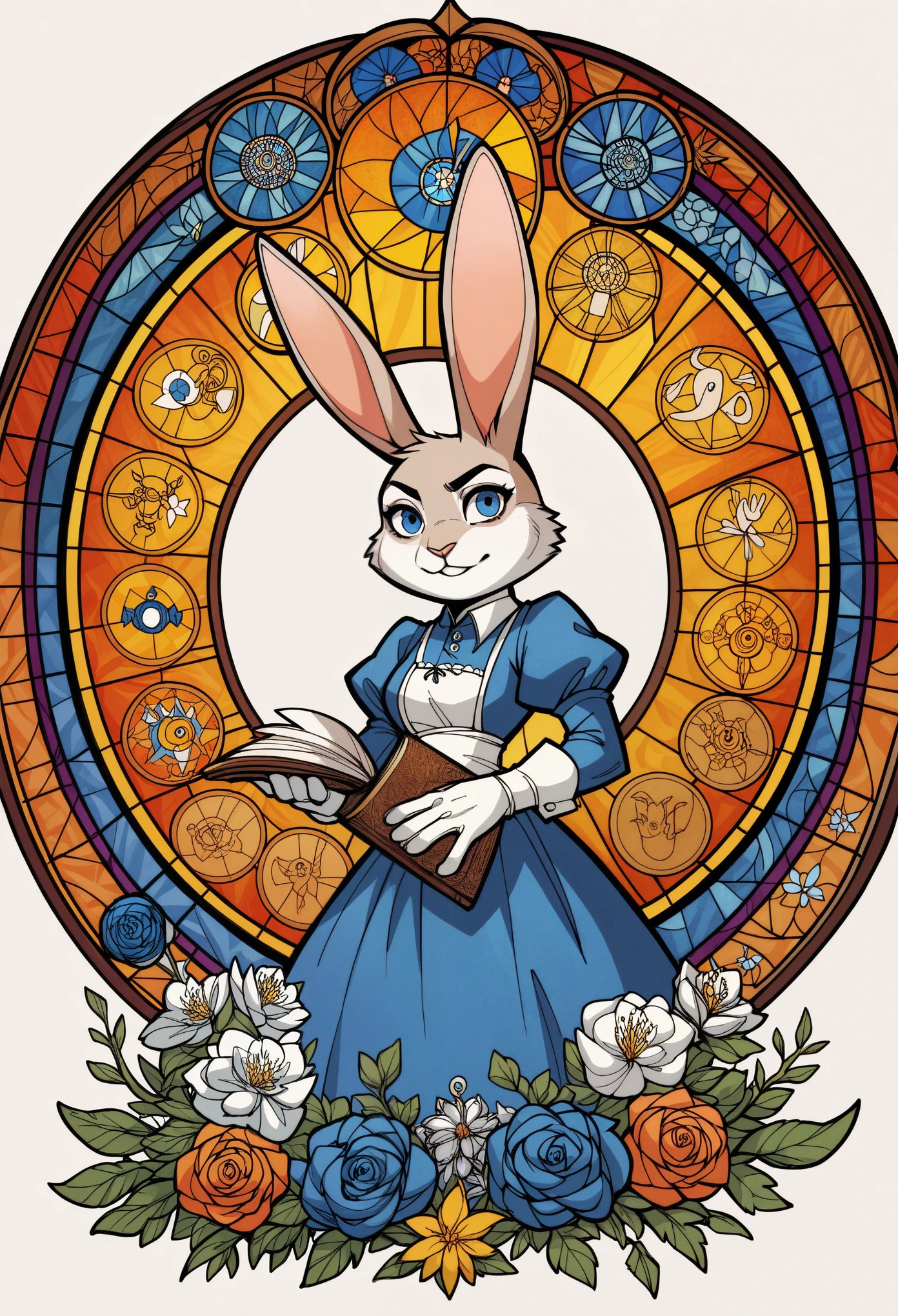 rating_safe, score_9, score_8_up, score_7_up, score_6_up, score_5_up, score_4_up, hires, source_furry, cover_page, medieval times, mystical, Alice in Wonderland, 1girl, Rabbit in a suit, Sil Off from Isometric Anime, stained glass, On White Background, Geometric composition,