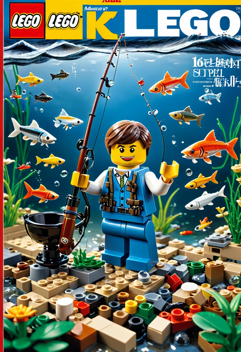 Magazine cover,best quality, very good, 16K, ridiculous, Very detailed, ((Fishing)),Made of Lego,