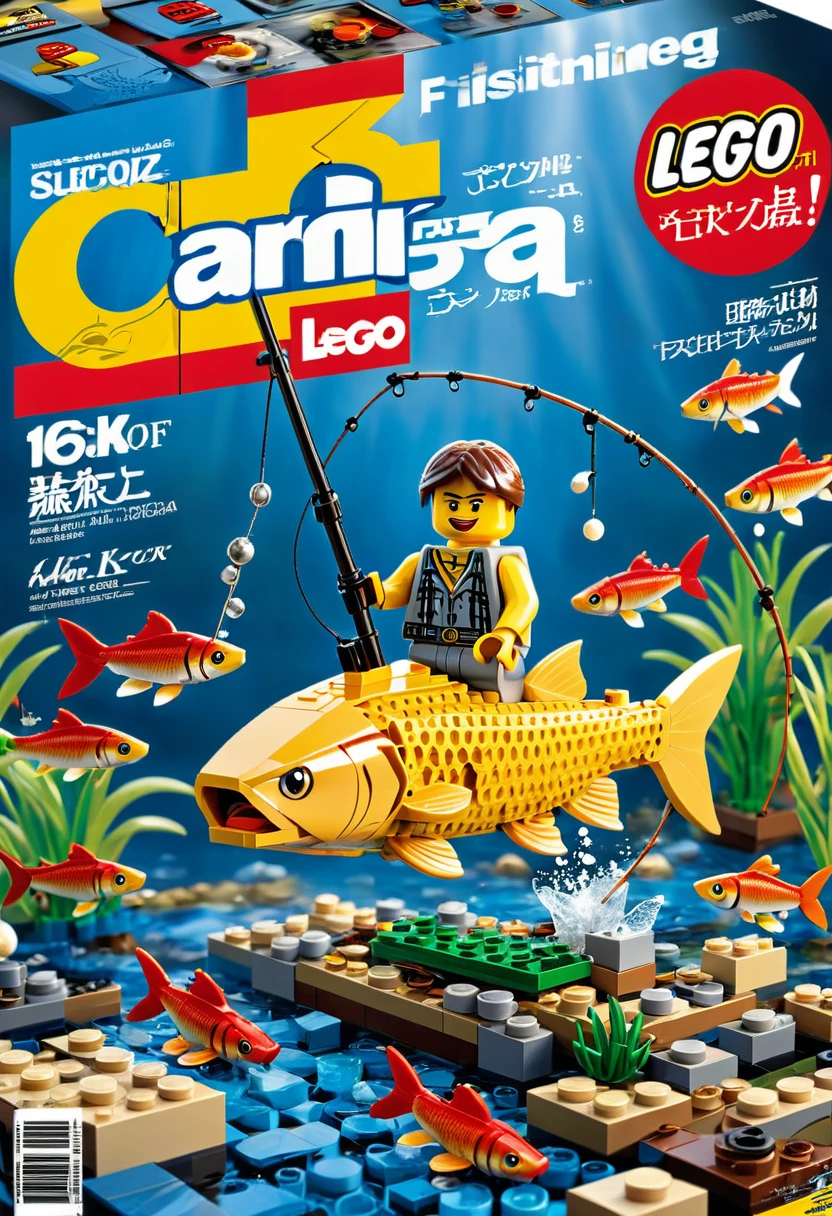 Magazine cover，best quality, very good, 16K, ridiculous, Very detailed, （（Fishing）），Made of Lego,