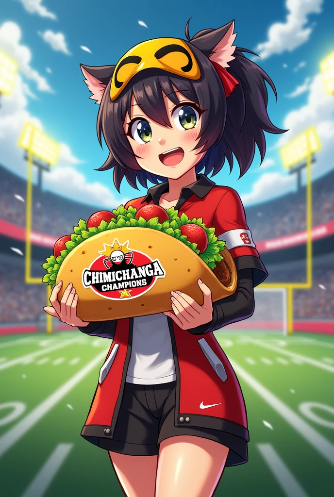 A chimichanga burrito anime character holding a taco with a logo saying chimichanga champions. football themed, something I can use as a profile picture