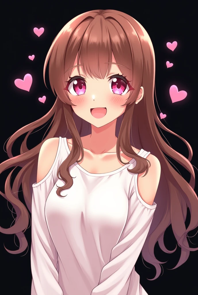 Anime girl , brown hair , long hair , pink eyes , friendly eyes , white long sleeve t shirt , opem shoulders , happy , heart bubbles , black background , chibi