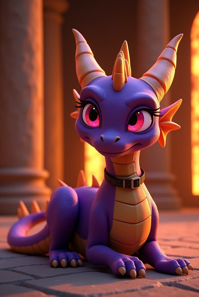 (((Spyro the dragon))), (((zonkpunch))), ((girly)), sexy body, ((big tail)), ((((anthropomorphic)))), solo, (((femboy))), ((((thin waist)))), (((very light yellow ground))), (((big head))), (((big eyes))), (((glowing pink eyes))), (((young))), (((big butt))), ((((pet collar)))), ((((burning forest on windows)))), (((inside temple))), (((pillars))), ((((orange sky)))), (((((very lean body))))), 3d shading, (((big things))), curious expression, (((black sky))), (((cute))), ((laying down)), (((pregnant))), (((kiss mark on belly))),