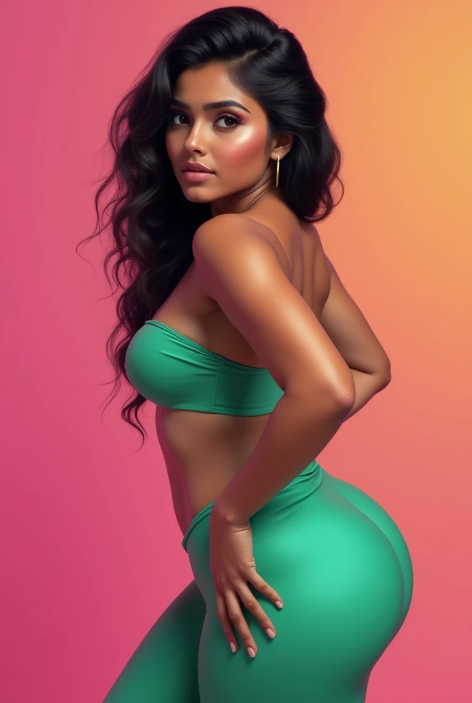 Indian cute hot big and ass, color skin:white, pink and green, solid color background, uncropped.