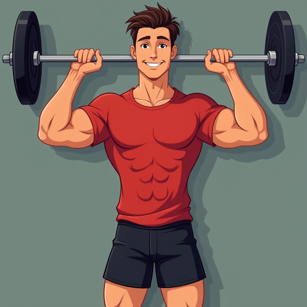 best quality, masterpiece, fill frame, zoomed out, full body, head to toe, cell shading cartoon art, poster of handsome young man, slim build, wearing plain red tshirt and black shorts, gentle smile while lifting a barbell, perfect fingers, perfect hands, perfect face, perfection, no background