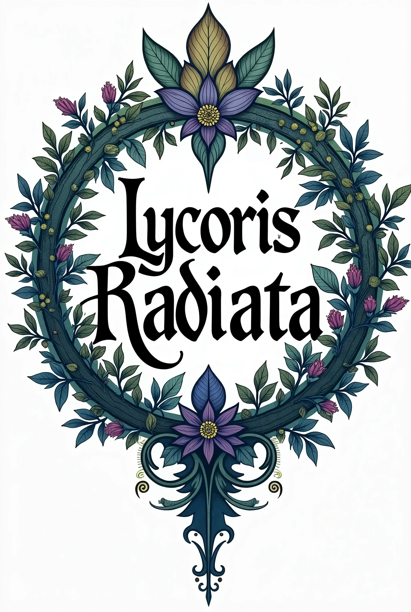 Create a logo for a simple tattoo and arts studio with black letters that say Lycoris radiata and with details in blue and silver and moss green with purple with an elven theme
