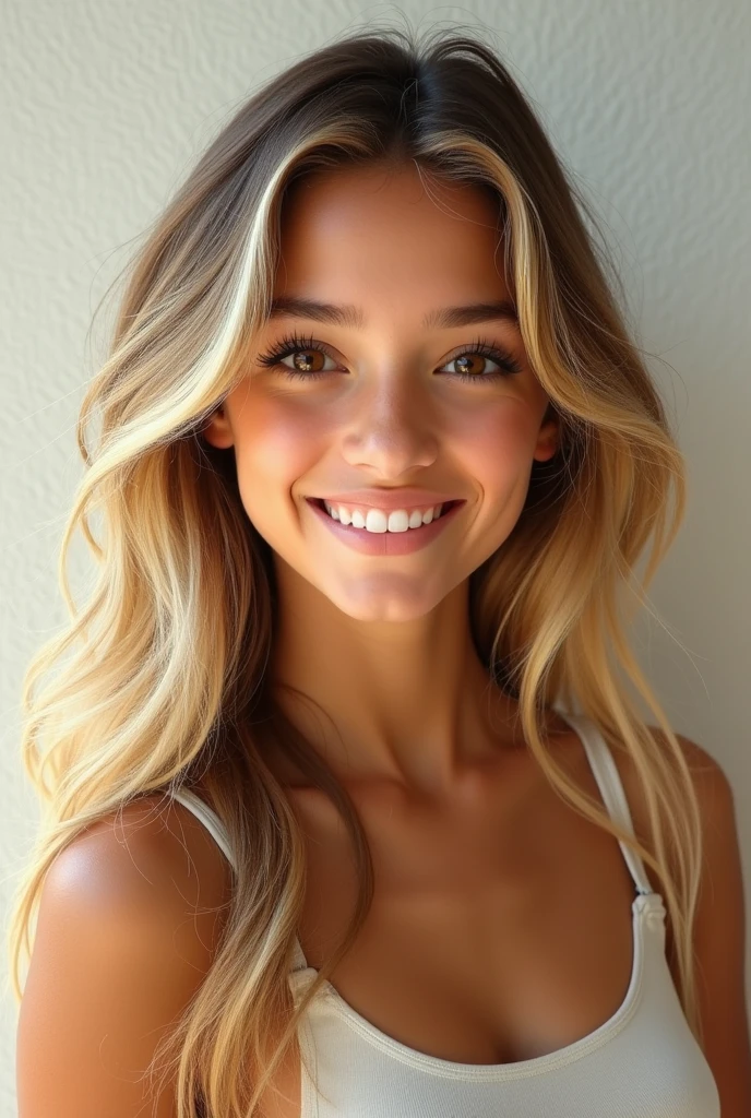 Create a tall Mexican blonde girl with a nice smile and brown eyes Younger Student