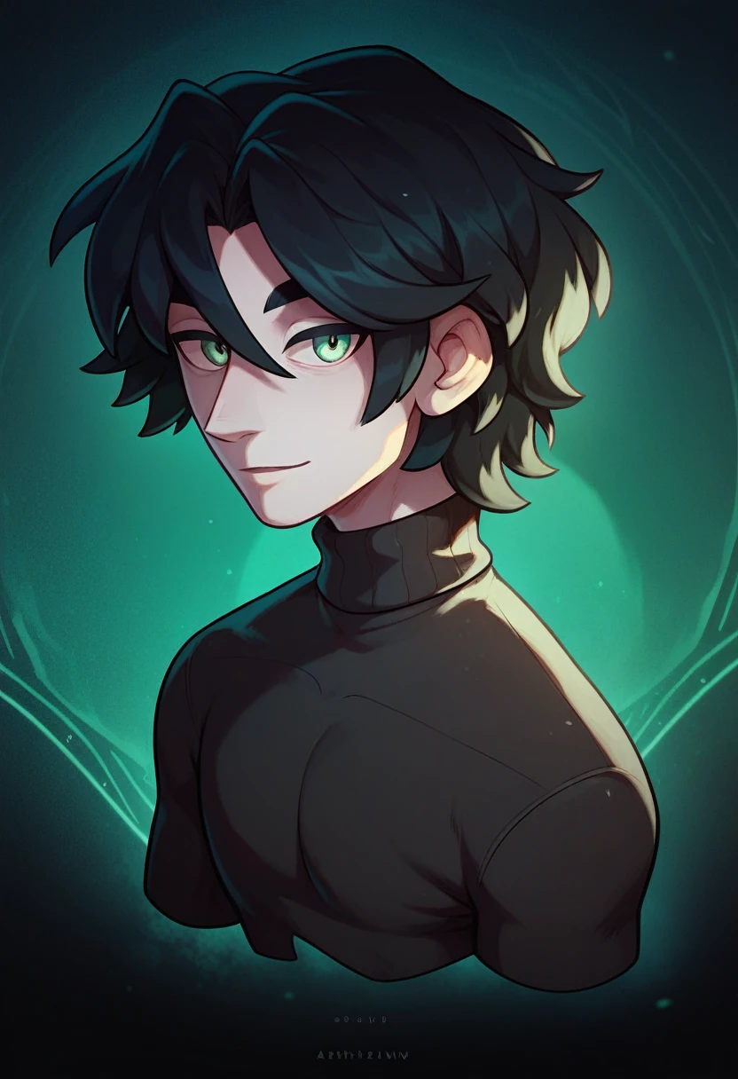 (best quality), 1boy, pale skin, black hair, medium hair, curtain hair, tousled hair, green eyes, perfect eyes, dark circles under eyes, handsome, light smile, attractive, turtleneck sweater, masterpiece, anatomically correct, highres