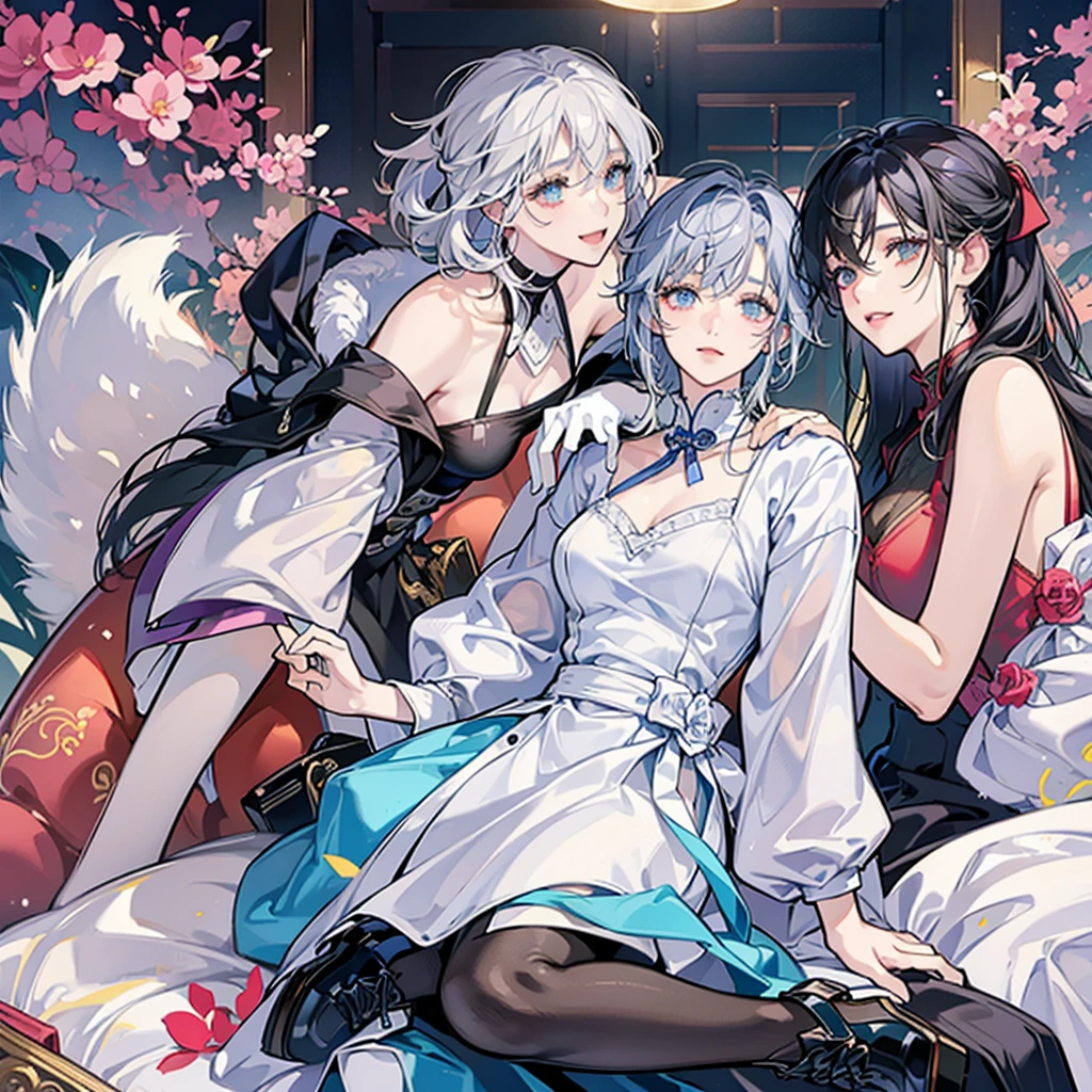 a man wearing a white shirt,
around twenty-five years old,
With short silver hair and a crazy feeling,
Sitting on the KTV sofa under colorful lights,
Two beauties were sitting next to them,
holding two women,
And behind him stood three beautiful women,
Smile,
Bright colors,
The painting style is clean and neat,
Best image quality,
high detail,
Ultra-high resolution,
8K resolution,
Korean comic style,
illustration style,
two yuan,
Fine lines chiaroscuro 00001