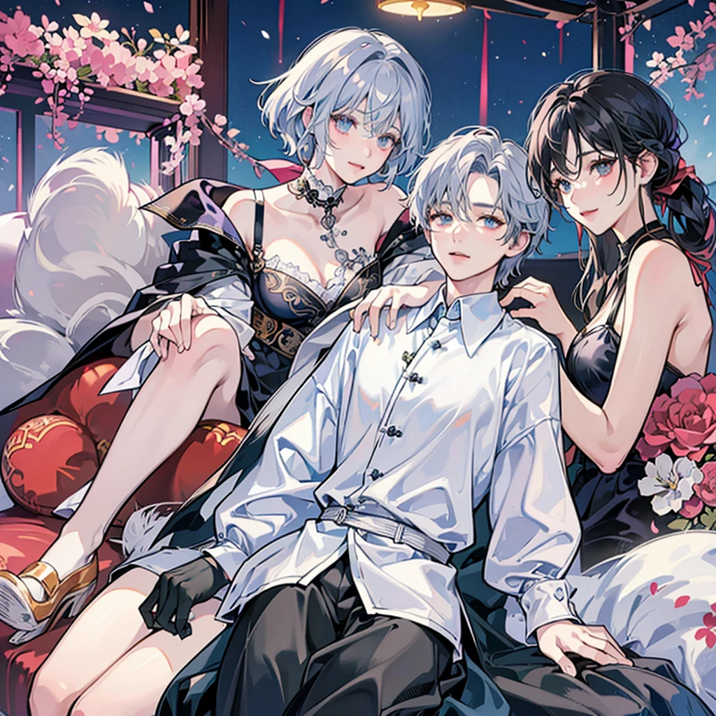 a man wearing a white shirt,
around twenty-five years old,
With short silver hair and a crazy feeling,
Sitting on the KTV sofa under colorful lights,
Two beauties were sitting next to them,
holding two women,
And behind him stood three beautiful women,
Smile,
Bright colors,
The painting style is clean and neat,
Best image quality,
high detail,
Ultra-high resolution,
8K resolution,
Korean comic style,
illustration style,
two yuan,
Fine lines chiaroscuro 00001