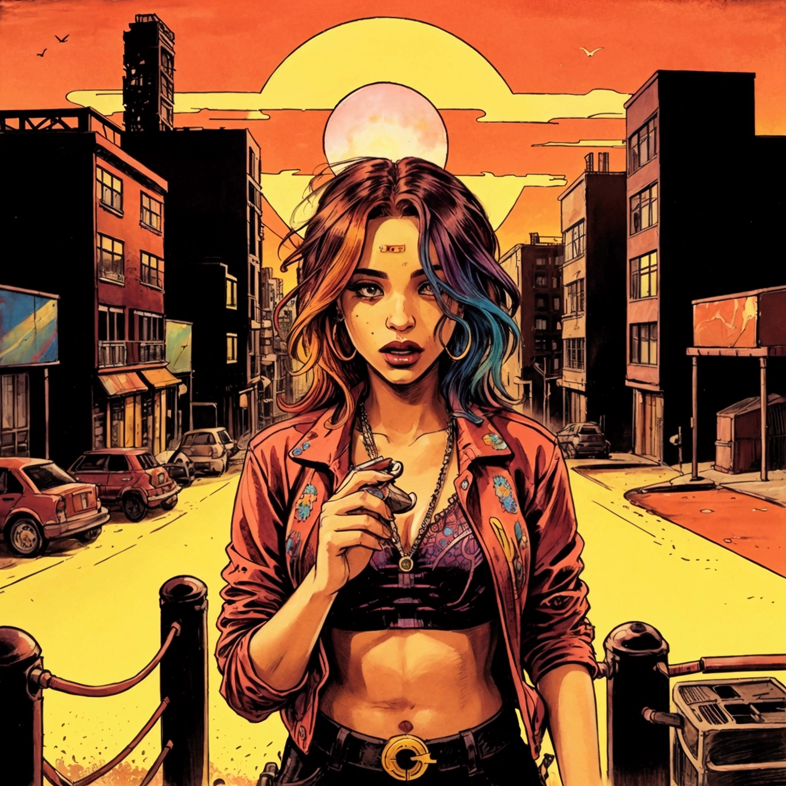 Album Artwork of an urban landscape featuring a psychedlic sunset with VIBRANT COLORS AND a girl in the center swearing urban clothes and smoking a joint.