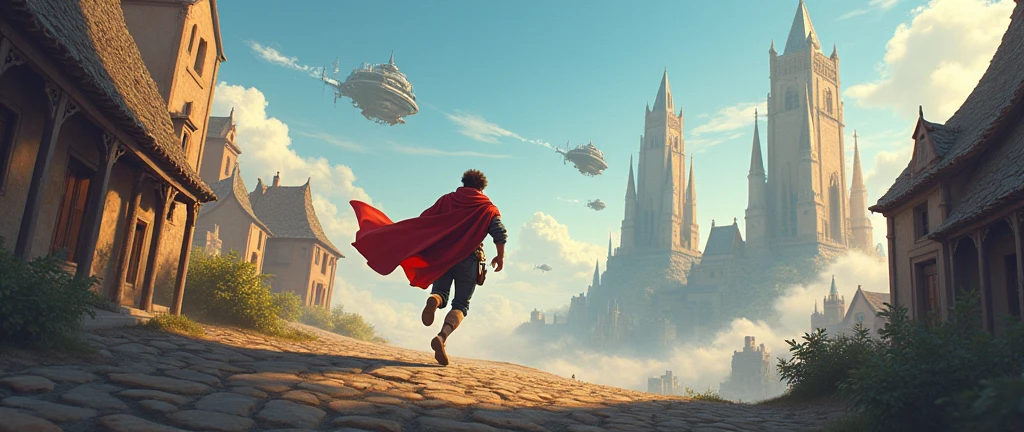 Évasion à Travers le Temps
Concept : L'idée ici est de représenter l'évasion à travers le temps, où un personnage qui cours Par exemple, le personnage pourrait être vu en train de courir ou de marcher dans une perspective qui commence dans une époque ancienne (comme l'Antiquité ou le Moyen Âge) et se termine dans un futur lointain.
Perspectives :
Perspective 1 : Sur la première page, commencez par une scène représentant une époque médiéval.Par exemple, un marché médiéval, une cité antique ou un village de l'époque avec des éléments architecturaux typiques. La perspective pourrait être en plongée, avec une vue large montrant une place publique ou une rue principale qui s'étend vers l'horizon. Le personnage commence son voyage ici, situé au milieu de la page, légèrement en retrait.
Perspective 2 : Sur la deuxième page, la scène se transforme graduellement en un environnement futuriste, avec des gratte-ciels modernes, des véhicules volants, ou un paysage technologique. Ici, la perspective pourrait être à trois points, montrant l'impressionnante hauteur des structures modernes et un ciel rempli d'appareils ou d'éclairages futuristes. Le personnage continue son voyage, maintenant au premier plan, en train de s'échapper vers cette nouvelle ère.
les epoques diferrent doivent etre trés distinctive l'une de l'autre