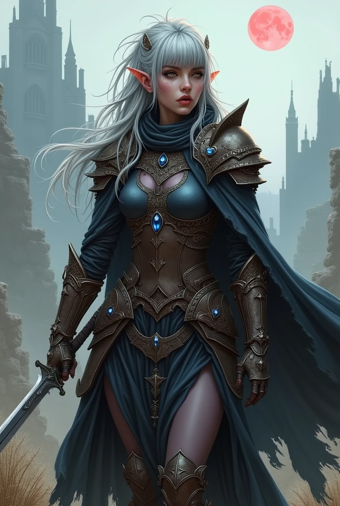 (super detailed faces, averted eyes, fantasy illustrations with gothic, ukiyoe, and comic art, rich colors), BREAK (this is a "city of ashes" in ruins. It was once a medieval European-style fortified city. Red moonlight illuminates the ruined earth); BREAK (Dark Elf: middle-aged Dark Elf woman with silver hair, blunt bangs, very long messy hair, dark purple skin, and lavender eyes); BREAK (Dark Elf female warrior wearing blue jeweled hair ornament and copper armor); , BREAK (female dark elf warrior  in red moonlight) BREAK (female dark elf warrior holds slender long sword at an angle, roars and swings the sword sideways), 