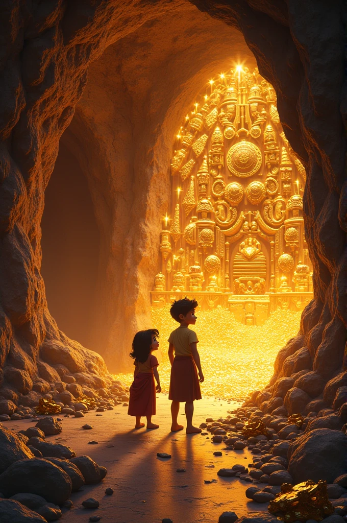 Inside the cave, Aarav and Momo finding a room filled with glistening treasures like gold coins, sparkling jewels, and ancient artifacts.
   - Show the treasures in a dramatic and awe-inspiring light.
