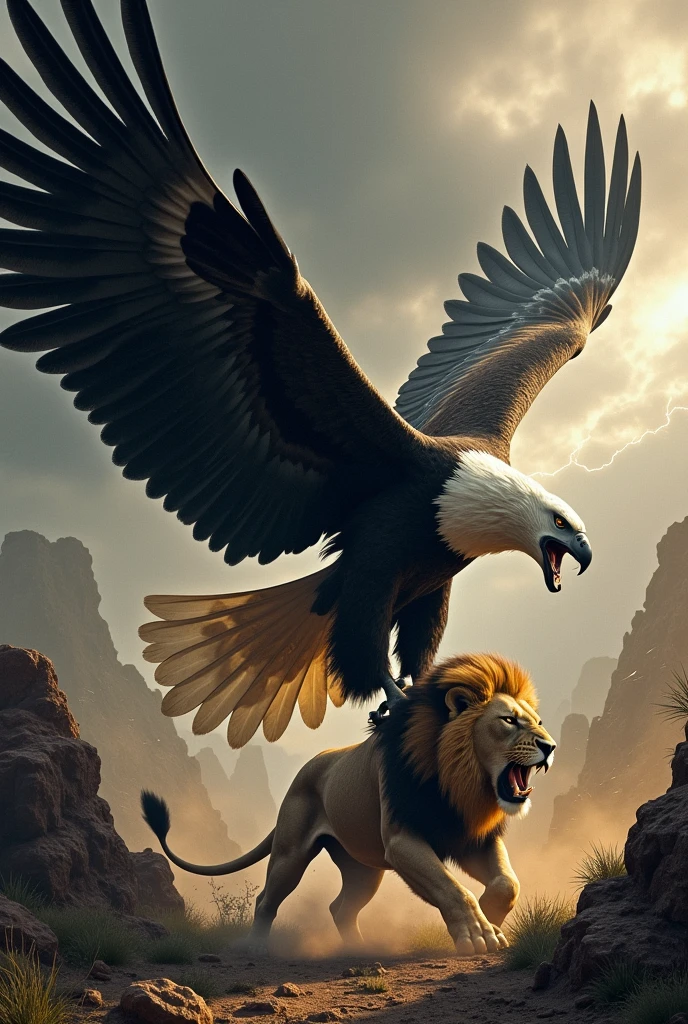 Generated an image of a giant black and white golden eagle, en train combattre un gros lion