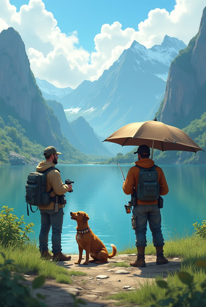 Anglers are fully equipped to go fishing.fishing chaishing box、fishing umbrella、Follow a dog.Come to the beautiful lakeside with green mountains and clear water.anatomically correct.Scenery background(best quality,4K,8k,High resolution,masterpiece:1.2),Super detailed,(actual,photoactual,photo-actual:1.37),