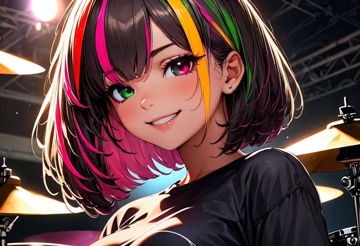 (highest quality:1.2, Very detailed, up to date, Vibrant, Ultra-high resolution, High Contrast, masterpiece:1.2, highest quality, Best aesthetics), Portraiture、girl、solo, (25-years-old:1), slim, heterrochromia, green eye, red eye, extra short hair, ((bob cut:1.5))、pink and purple, ((streaked hair:1.9)), (highlights hair: 1.6), t-shirt, (medium breast:0.7), (tan skin:0.5), Bright colors、Beautiful fine details、Beautiful lip detail、playing drums, rock drum set, black t-shirts, jeans, smile, Rehearsing for a concert:1, on stage, ((upper body:1.5)),