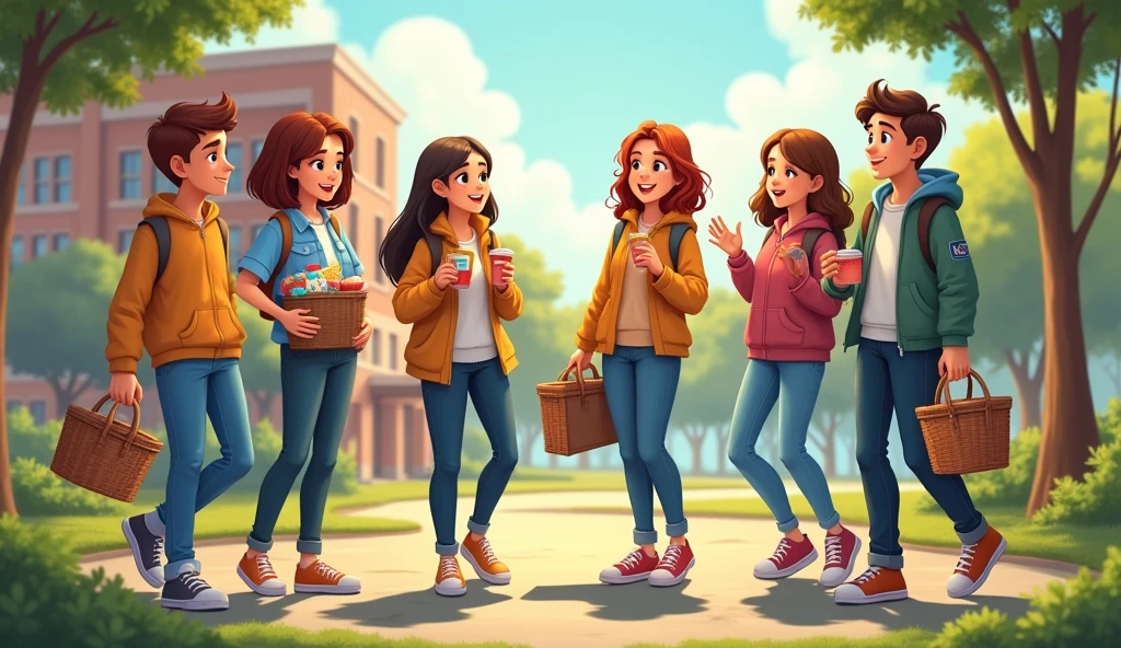 “Introduction to the Five Friends” • Description: Five friends are meeting at school, each holding some picnic supplies, and all are happily talking.