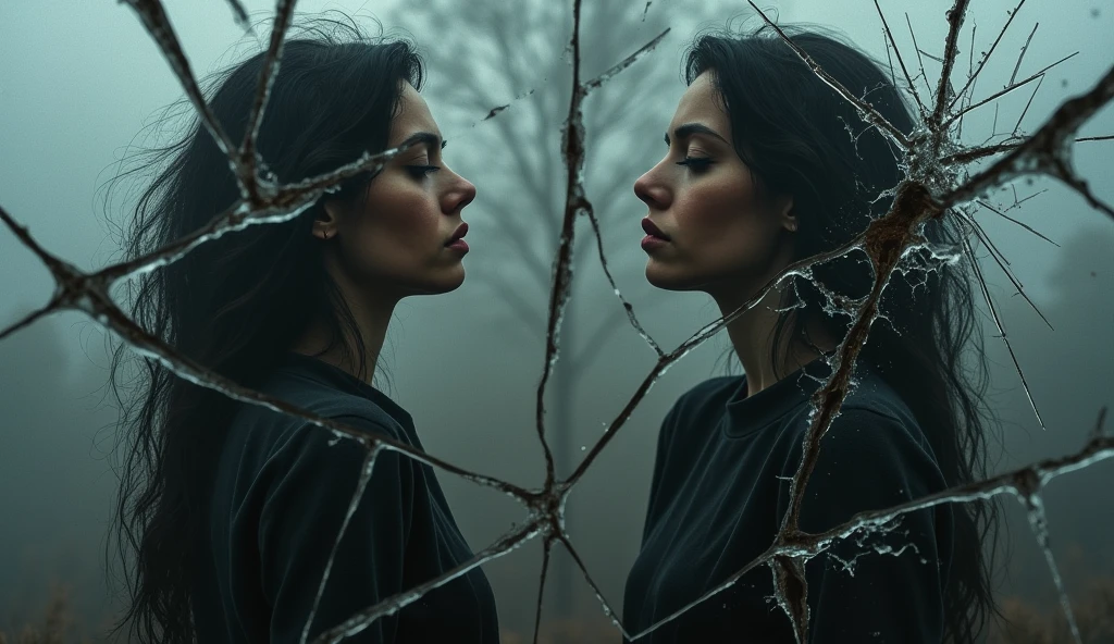 This abstract and haunting album cover uses a broken mirror as its central metaphor,Represents the loss and brokenness caused by addiction. There is a large, There is a crack in the center of the mirror, Each fragment reflects a different part of the woman's face and body. Some fragments revealed her eyes, Others use her hands, Some only show holes, dark空洞, It symbolizes what she has lost.. Reflections are distorted and blurry, conveying the confusion and chaos of her inner struggle. Around the mirror, dark, The foggy atmosphere creates a feeling of isolation and despair. A dim light shines through the cracks in the mirror, Embers of light, Hinting at the past "fire", It's almost invisible now.. The background is a deep, A mix of shades of grey and black, feeble, 过去记忆的幽灵般的影像渐渐消失在dark中. The overall effect is fragmentation and loss, Visually demonstrate the emotional and psychological toll of addiction.