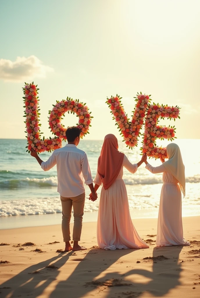 Couples holding letter b and g at beach written by flowers girl with hijab turning their back