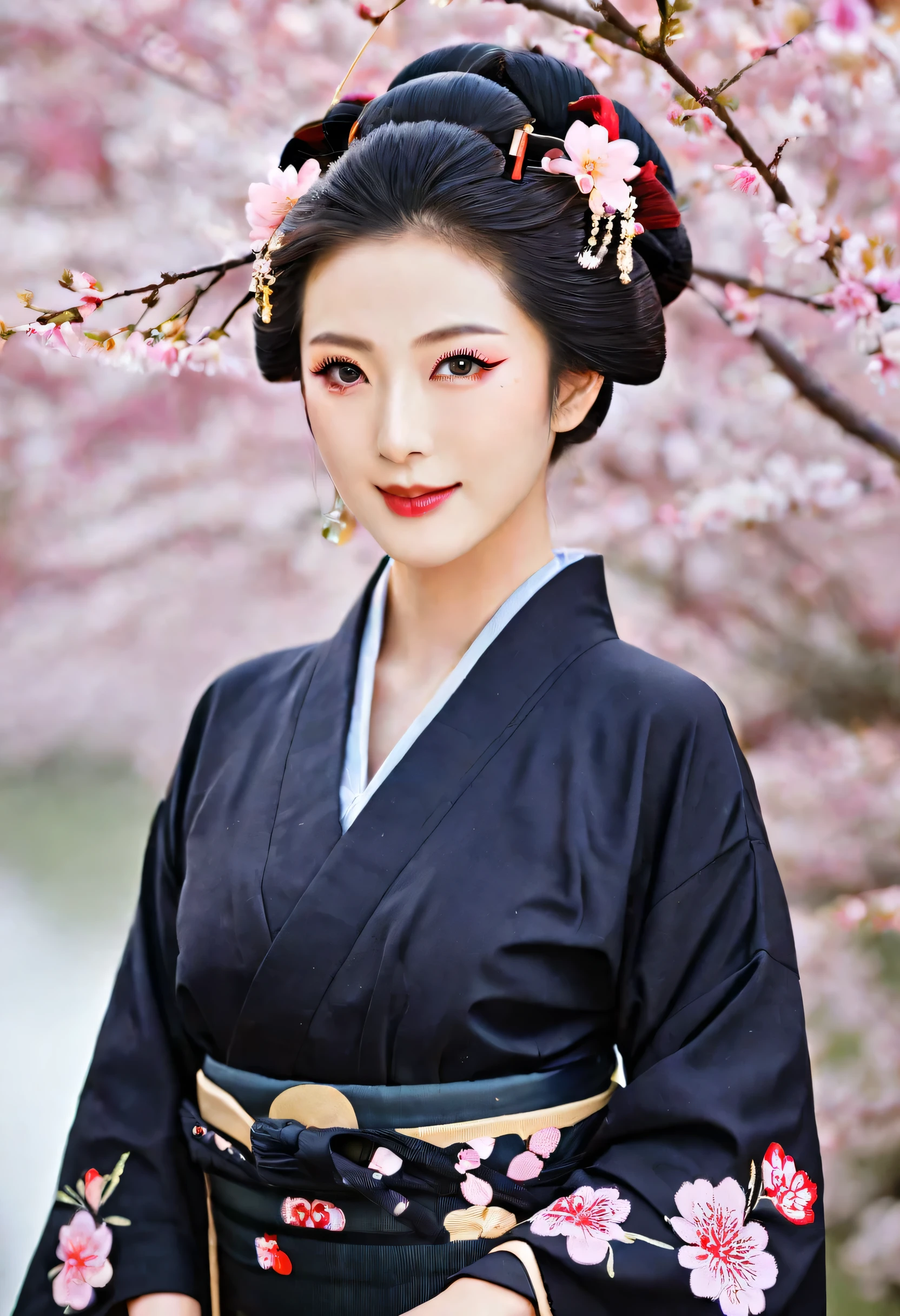 (A geisha stands gracefully under a cherry blossom, Look back and smile: 1.37), Pink cherry blossom petals next々And they scatter, (whole body)
The face base makeup has no highlight or shadow decoration. Foundation covers the entire face and neck. Red lip makeup、The area of the mouth that is smaller than normal lips. Thick and thin eyeliner pencils can accentuate the contours of your eyes., Strengthen your eyes, Makes pupils appear darker and deeper. Straight eyebrows are not only eye-catching、Informal, Cleanse the entire face. Typical Japanese Geisha makeup,
Wearing a gorgeous kimono embroidered with black and gold cherry blossoms, This is a long-sleeved kimono, Wearing clogs,
Realistic depiction of light and shadow, Realistic and exaggerated photos, super high quality, Super Details, Cinematic shots, Shallow depth of field,