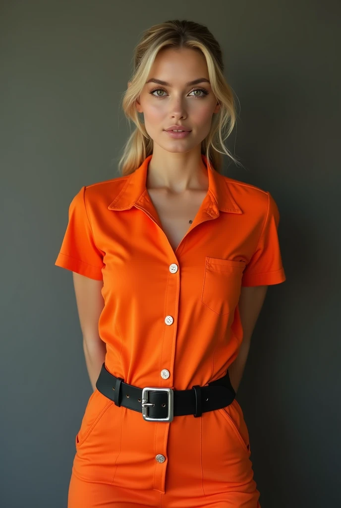 Frontal photograph of a beautiful young model with long a blonde medium length pulled back ponytail hair wearing a sexy synthetic orange prisoner jumpsuit, inmate jumpsuit, button-up, sexy view, handcuffed, hands cuffed to her back, wearing a tight black stylish belt, high black boots, short sleeves, sexy pose, very attractive look, skinny, anorexia, 1, thin and athletic body, (thin girl 1:5), short sleeves, supermodel face and body, brown eyes, long pants, hands at back, elastane synthetic orange prisoner jumpsuit, jumpsuit made of elastic spandex, jumpsuit has 4 visible silver buttons, her belt is made of stylish leather, elastic jumpsuit, jumpsuit is not tight on body, perfect woman, slim, (perfect Hands), (blonde medium straight ponytail hair:1.2), (wasp waist:1.3), big heavy black stylish designer belt of leather, visible breast contours, light blonde hair, a lot of cringles and creases on the jumpsuit, light blonde hair, full body view, tops of her boots visible, sporty ponytail, short sleeves, sexy model pose, she is highlighting her but in her pose, no pockets, looking at viewer like she wants sex, 70's prisoner jumpsuit, 80's orange prison jumpsuit, 90's prisoner jumpsuit, Soviet orange prison jumpsuit, hands handcuffed, handcuffed, handcuffs on her wrists, hands at back, hands cuffed to her back, hands handcuffed to her back, full body view, knees visible, hands tied to her back, hands handcuffed to her back, hands cuffed to her back, sexy pants, pants looking sexy on her legs, sporty style ponytail, picture starting from her knees, jumpsuit made of elastic spandex, very sexy pose, pointing out her ass, belted, long pants, button-up jumpsuit, medium length light blonde loose sleek sporty ponytail