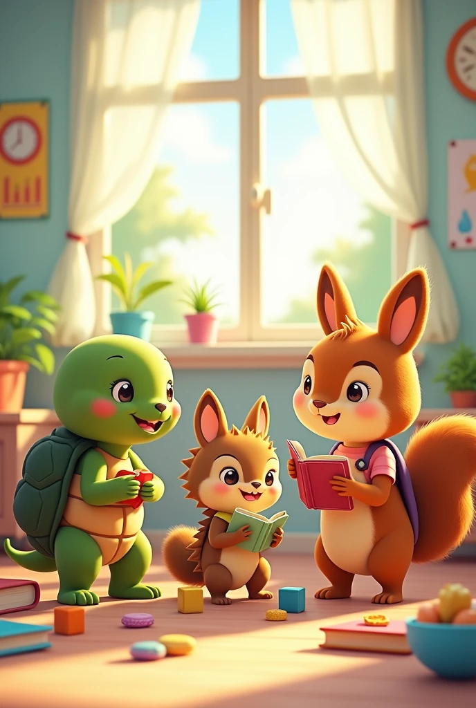 A little turtle, a hedgehog, a rabbit, a squirrel, Playing together in kindergarten for a children's book