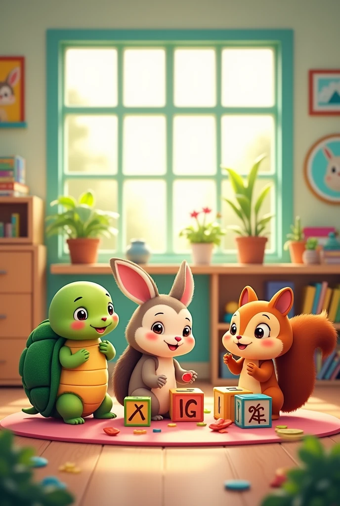 A little turtle, a hedgehog, a rabbit, a squirrel, Playing together in kindergarten for a children's book