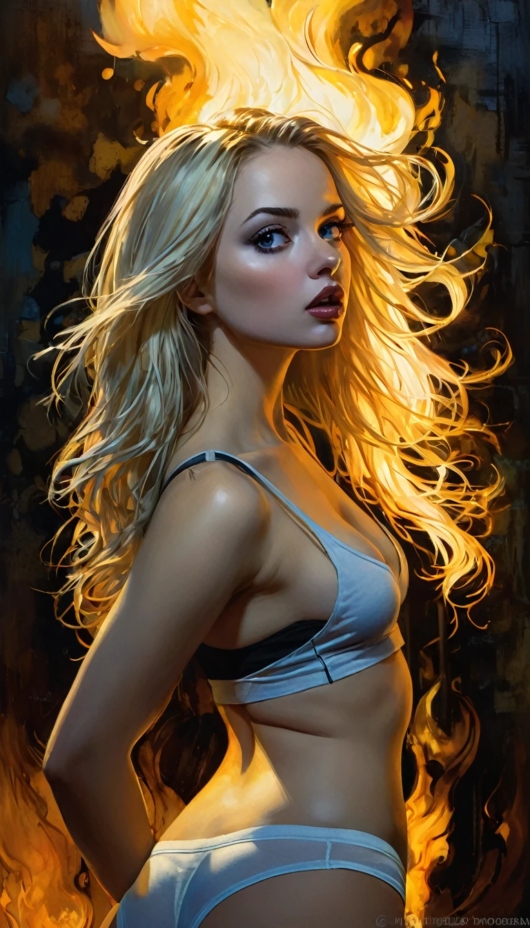 blonde long hair girl, in tank top and panties,marked nipples, sexy, perfect ass, scared, dynamic pose,,her computer is burning,art inspired by Bill Sienkiewicz and Dave McKean (best quality, 4k, 8k, high resolution, masterpiece: 1.2), ultra-detailed, (realistic, photorealistic, photorealistic : 1.37), intricate details, vivid colors, sharp focus, professional, Dave McKean artwork, surreal oil touch, oil painting style, portrait, woman, beautiful detailed eyes, beautiful detailed lips, dreamlike atmosphere, game of shadows, soft lighting, fun pose, dark tones, ethereal background, fantasy elements, texture, layered composition.
