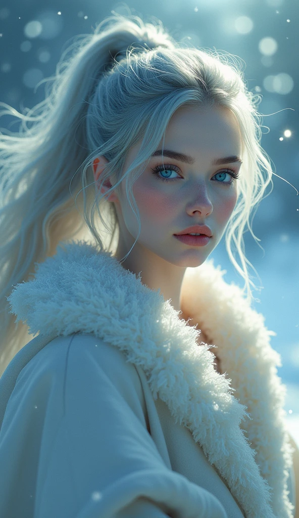 masterpiece, (highest quality: 1.2), (super fine: 1.2), figure, (very delicate and beautiful: 1.2), pure devine pale skin, film angle, detailed face, focus on face, floating, (beautiful detail eyes: 1.1), (detail light: 1.1), film light, delicate sky, woman, gray hair, blue eyes, (high ponytail: 1.1), cloak, shining eyeoon: 1.2), (moonlight: 1.1), starry sky, (particles of light: 1.1), fog , snow painting, sketch, bloom