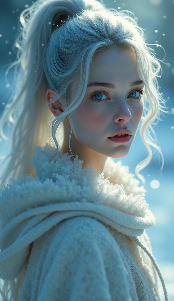 masterpiece, (highest quality: 1.2), (super fine: 1.2), figure, (very delicate and beautiful: 1.2), pure devine pale skin, film angle, detailed face, focus on face, floating, (beautiful detail eyes: 1.1), (detail light: 1.1), film light, delicate sky, woman, gray hair, blue eyes, (high ponytail: 1.1), cloak, shining eyeoon: 1.2), (moonlight: 1.1), starry sky, (particles of light: 1.1), fog , snow painting, sketch, bloom