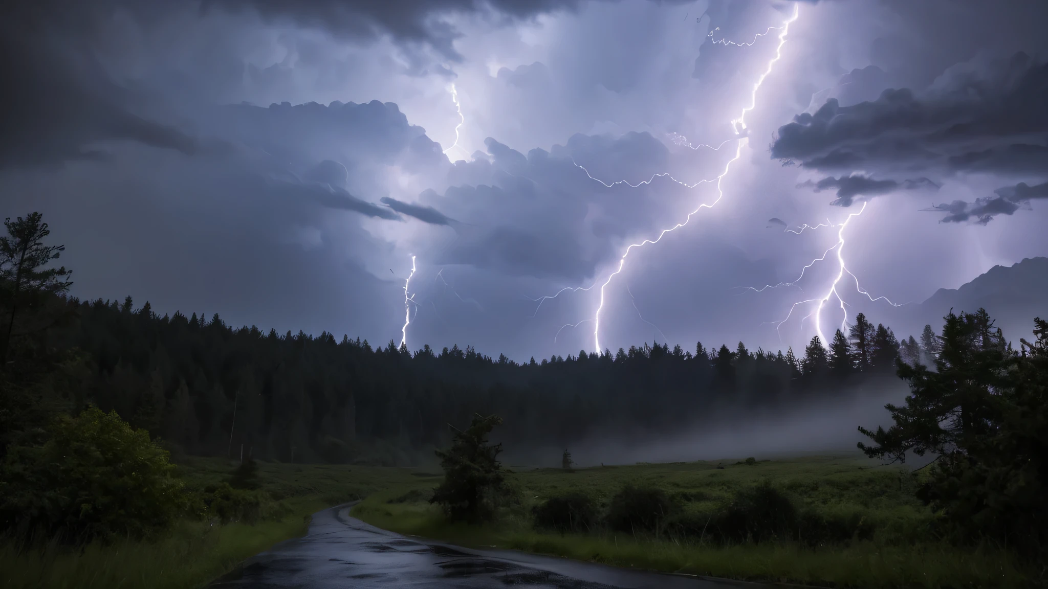 A dramatic scene of a fierce thunderstorm over a dark, dense forest. The sky is filled with ominous, swirling clouds, and bright lightning bolts streak across the sky, illuminating the stormy atmosphere. The trees sway violently in the strong wind, and rain pours down heavily, creating a sense of intense turmoil. The foreground shows a path leading into the forest, with puddles forming from the relentless rain, emphasizing the chaos of the storm.