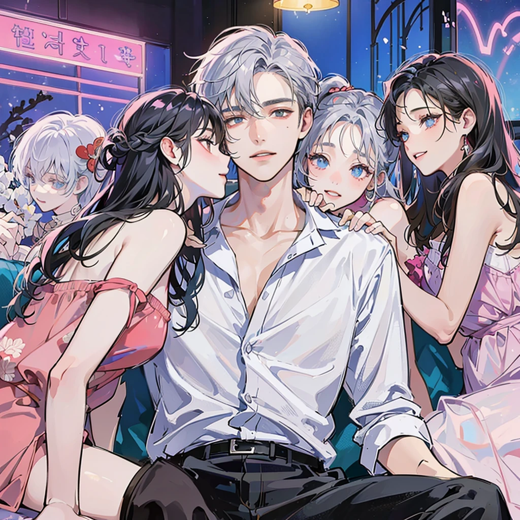 a man wearing a white shirt，

around twenty-five years old，

With short silver hair and a crazy feeling，

Sitting on the KTV sofa under colorful lights，

Two beauties were sitting next to them，

holding two women，

And behind him stood three beautiful women，

Smile,

Bright colors，

The painting style is clean and neat，

Best image quality，

high detail，

Ultra-high resolution，

8K resolution，

Korean comic style，

illustration style，

two yuan，

Fine lines chiaroscuro 00001