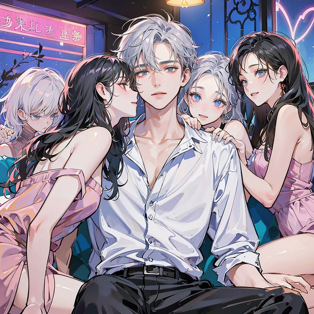 a man wearing a white shirt，

around twenty-five years old，

With short silver hair and a crazy feeling，

Sitting on the KTV sofa under colorful lights，

Two beauties were sitting next to them，

holding two women，

And behind him stood three beautiful women，

Smile,

Bright colors，

The painting style is clean and neat，

Best image quality，

high detail，

Ultra-high resolution，

8K resolution，

Korean comic style，

illustration style，

two yuan，

Fine lines chiaroscuro 00001