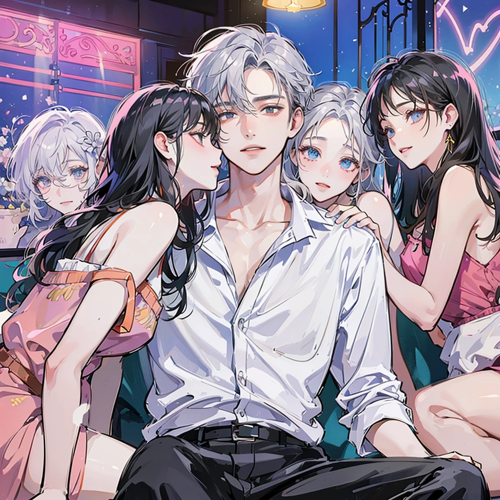 a man wearing a white shirt，

around twenty-five years old，

With short silver hair and a crazy feeling，

Sitting on the KTV sofa under colorful lights，

Two beauties were sitting next to them，

holding two women，

And behind him stood three beautiful women，

Smile,

Bright colors，

The painting style is clean and neat，

Best image quality，

high detail，

Ultra-high resolution，

8K resolution，

Korean comic style，

illustration style，

two yuan，

Fine lines chiaroscuro 00001