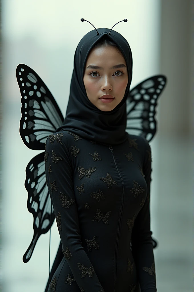 a most beautiful Asian muslimah woman named Cikgu Nurhafiza wears black beautiful butterfly turtleneck unitard catsuit with a pair of beautiful butterfly wings.She has a pair of antennae