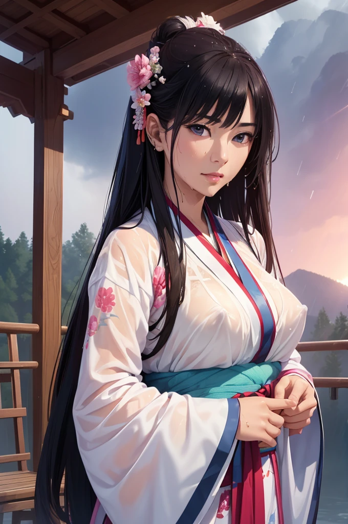 Rich historical background. (Highest quality,4K,8k,High resolution,masterpiece:1.2), Very detailed, (Realistic,Realistic,Photorealistic:1.37), High resolution, Hyper HD, Studio Lighting, Ultra-fine painting, Sharp focus, Physically Based Rendering, Very detailed説明, Professional, Vibrant colors, Bokeh, Sports Late, Ancient War Landscapes, Traditional Chinese Painting Techniques, Atmospheric lighting, Vivid color contrast, Visually stunning composition, Ethereal atmosphere,Very detailed目と顔, Beautiful attention to detail, Light on the face, (Hanfu: 1.1),My whole body is wet、My clothes are wet and transparent、Nipples are visible、nipples color pale pink、Dynamic pose、Rain clouds spreading across the sky、Heavy rain weather、Pouring rain、Wind and rain storm、((Soaked skin from head to toe))、((Rain-soaked clothes(Rain dripping from clothes))、((The lines of your body are clearly visible through your wet clothes..))